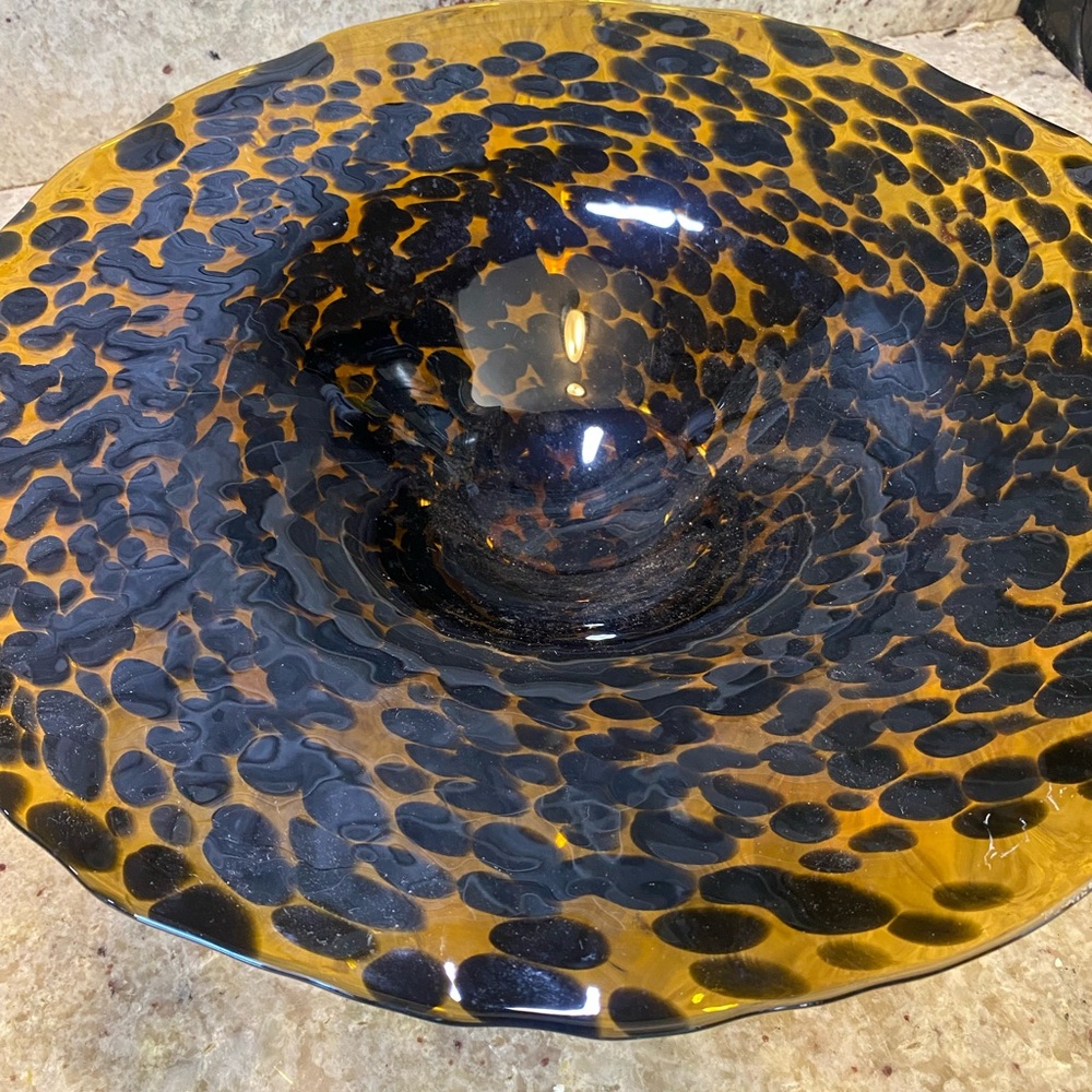 Hand Blown Art Glass ~Table Platter~Tortoise‎ Decor, Spotted Amber.14”